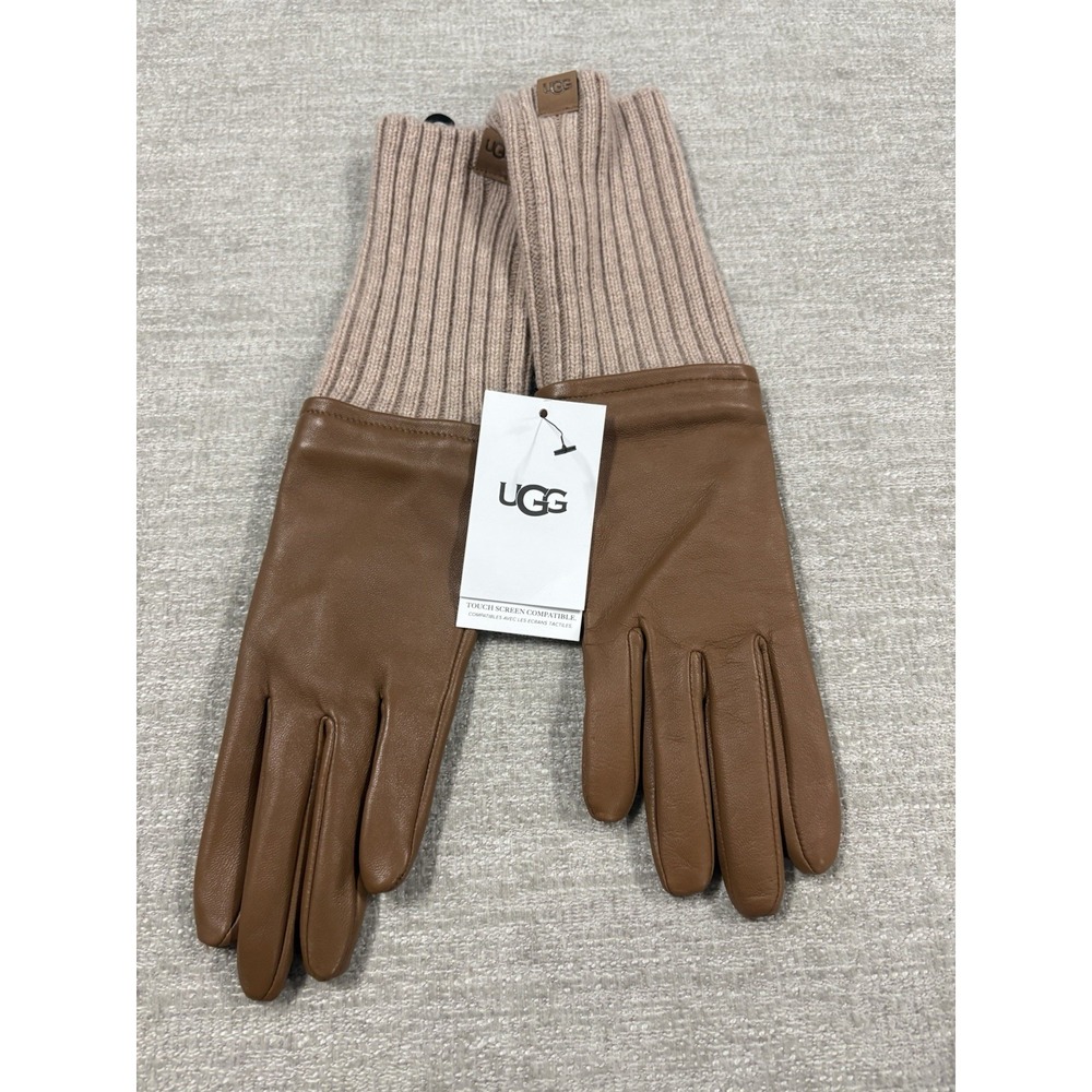 NEW Ugg Women's Luxe Gloves Size Small Sand Castle Genuine Leather Ribbed Cuff